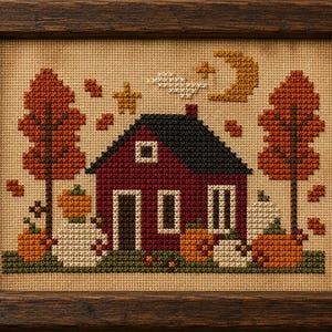 May include: A framed cross-stitch embroidery depicting a dark red house with a black roof, flanked by two orange trees. The scene includes white and orange pumpkins on green grass, a yellow crescent moon, and stars against a tan fabric background.