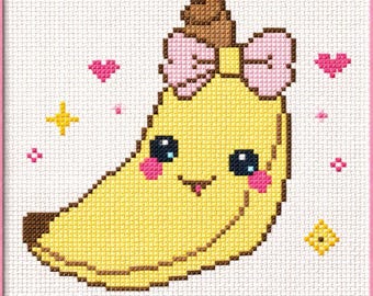Kawaii Banana Cross Stitch Pattern, Pink Bow Fruit Pixel Art (PDF Download), かわいい