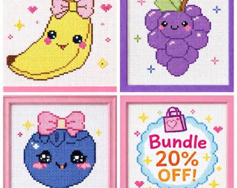 Kawaii Fruit Trio Cross Stitch Patterns, Banana Blueberry Grapes, Pixel Art PDF Bundle