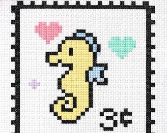 Seahorse Stamp, Cute Kawaii  Cross Stitch Pattern | Easy Beginner Colorful Chart (PDF)
