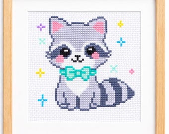 Kawaii Baby Raccoon Cross Stitch Pattern, Woodland Animal Nursery PDF, かわいい