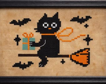 Primitive Halloween Black Cat Cross Stitch Pattern, Witch Cat Gift, Folk Art (PDF Download)