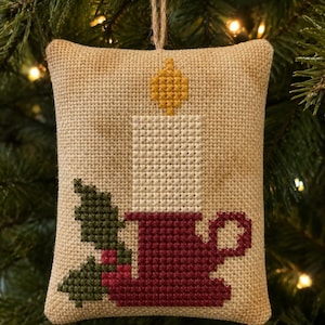 May include: A rectangular cross-stitch ornament on tan fabric featuring a white candle with a yellow flame, set in a dark red candle holder with a handle, accented by dark green holly leaves and small red berries, hanging from a jute twine loop.