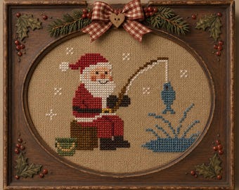 Fishing Santa, Christmas PDF cross stitch pattern, IMMEDIATE DOWNLOAD