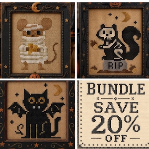May include: Three framed cross-stitch patterns featuring a mouse wrapped like a mummy, a squirrel skeleton on a tombstone marked RIP, and a black cat with bat wings. A fourth square shows the text BUNDLE SAVE 20% OFF in black cross-stitch.