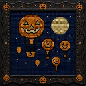 May include: A cross-stitch embroidery featuring orange jack-o'-lantern hot air balloons floating against a dark blue night sky with a pale yellow full moon and small stars, all enclosed in a black decorative frame with orange pumpkin accents.