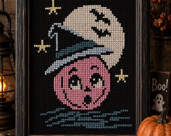 Pastel Harvest Moon Boo Cross Stitch Pattern | Easy Beginner Colorful Pastel Halloween Chart (PDF)