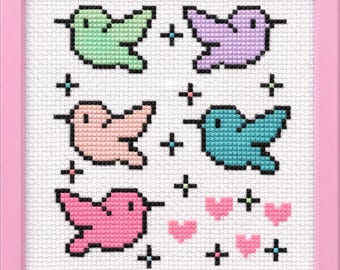Kawaii Pastel Hummingbirds Cross Stitch Pattern | Easy Beginner Colorful Bird Chart (PDF)