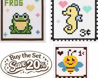 Kawaii Animal Stamp Cross Stitch Pattern Bundle, Frog, Seahorse, Bee, Pixel Art PDF Bundle, Over 20 % off regular price. かわいい
