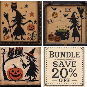 Witches Three Bundle, Cross Stitch Pattern Set of 3 | Easy Beginner Halloween Charts (PDF)
