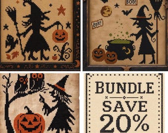 Witches Three Bundle, Cross Stitch Pattern Set of 3 | Easy Beginner Halloween Charts (PDF)