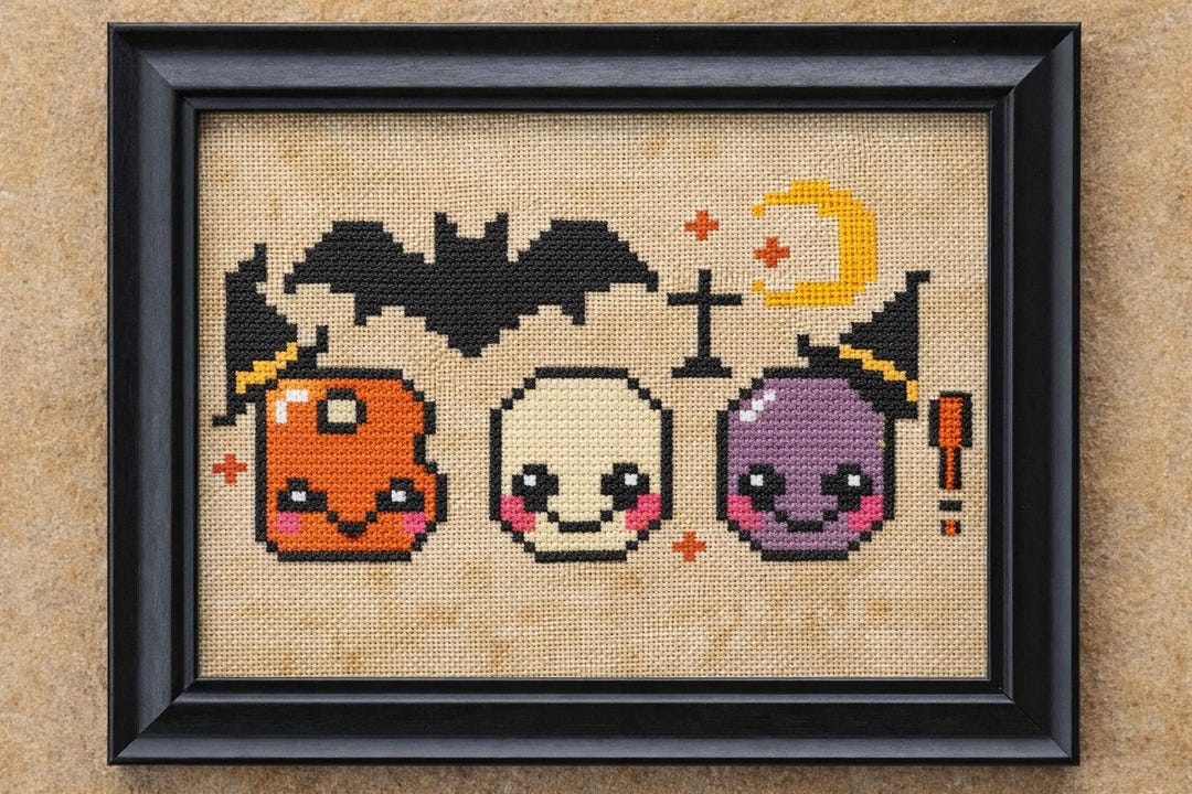 Kawaii BOO Halloween Cross Stitch Pattern | Spooky Bat, Moon, Witch ...