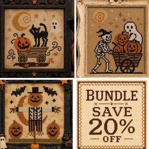 May include: Four square cross-stitch patterns featuring Halloween themes. One shows a black cat and ghost with a pumpkin cart, another a skeleton with pumpkins and a ghost, a third a scarecrow with pumpkins and bats, and a text block reading BUNDLE SAVE 20% OFF.