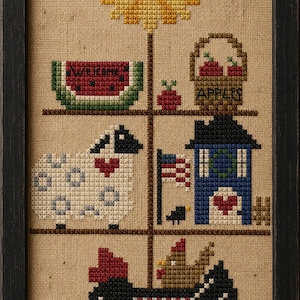 May include: Cross-stitch artwork in a black frame featuring a sunflower, watermelon, sheep, apples, a blue house, and a rooster with a hen. The word "WELCOME" is on the watermelon. The word "APPLES" is on the basket.