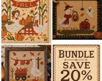 Fall, Halloween Goose Trio, Cross Stitch Pattern Set of 3 | Easy Beginner Halloween Charts (PDF)