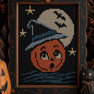Schema per punto croce "Harvest Moon Boo", Halloween primitivo, Fantasma Jack O' Lantern (Download PDF)