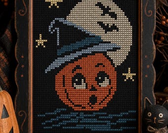 Harvest Moon Boo Cross Stitch Pattern, Primitive Halloween, Ghost Jack O Lantern (PDF Download)