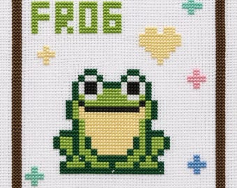 Frog Cross Stitch Pattern | Easy Beginner Colorful Kawaii Chart (PDF) かわいい