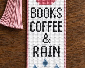 Books Coffee & Rain Bookmark Pattern, Book Lover Gift, PDF cross stitch pattern, IMMEDIATE DOWNLOAD