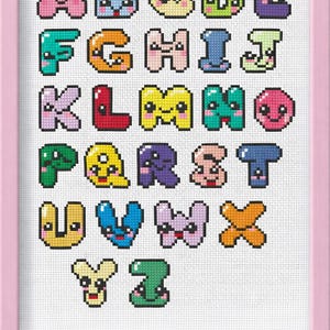 May include: A framed cross-stitch alphabet sampler. Each letter is a different color and has a cute, cartoon-like face. The letters are stitched on white fabric and framed in a pink frame. The sampler is a decorative piece for a nursery or child's room.