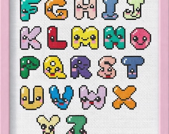 Kawaii Alphabet Cross Stitch Pattern | Pastel ABC DMC Chart (PDF Download)かわいい
