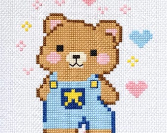 Little Love Bear Cross Stitch Pattern | Easy Beginner Colorful Kawaii Chart (PDF)