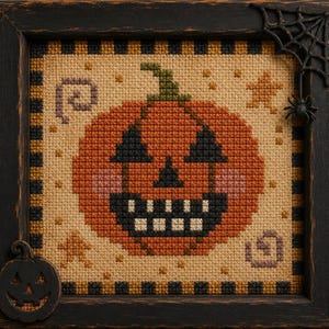 May include: A cross-stitch embroidery featuring a central orange jack-o'-lantern with black triangular eyes, a black nose, and a wide black mouth with square teeth. The design is framed in black wood with a spiderweb and spider in the corner.