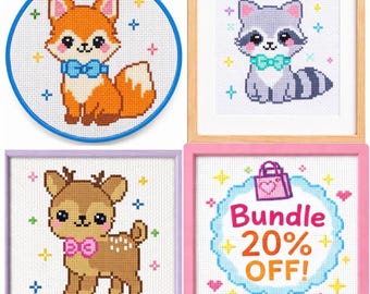 Woodland Baby Animal Cross Stitch Patterns Bundle, Raccoon, Deer, Fox (PDF), クロスステッチ