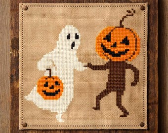 Primitive Halloween Cross Stitch Pattern, Ghost Jack O Lantern (PDF ...