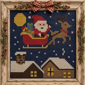 May include: A framed cross-stitch artwork depicting Santa Claus in a red sleigh pulled by a reindeer over two houses at night. The scene features a yellow moon, falling snow, and a red plaid bow at the top. The frame is light wood with greenery.