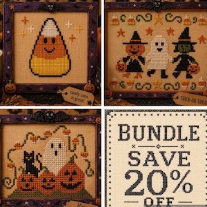 Fiesta de caramelos de maíz, juego de 3 patrones de punto de cruz / Gráficos de Halloween fáciles para principiantes (PDF)