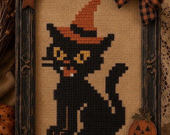 Witchy Whiskers Black Cat Cross Stitch Pattern, Halloween Folk Art Decor (PDF Pattern)