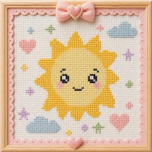 May include: Cross-stitch art featuring a smiling yellow sun with black eyes and a smiling mouth. The design includes pastel-colored hearts, stars, and clouds. The artwork is framed in a light wood frame with a pink bow and heart embellishments.