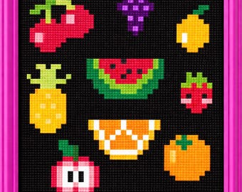 Kawaii Fruit Salad Cross Stitch Pattern, Beginner Pixel Art (PDF Download)