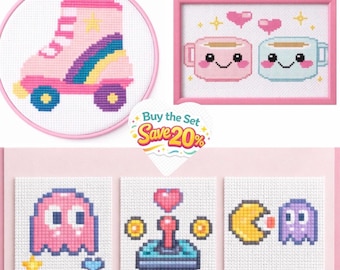 Kawaii Retro Cross Stitch Patterns, Roller Skates, Mugs, Arcade Pixel Art (PDF Bundle)