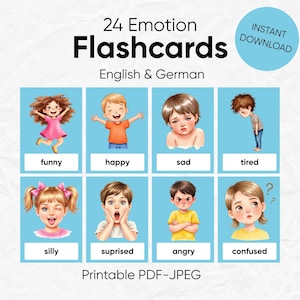 24 Emotion Flashcards Bilingual (English - German) | Feelings Cards for Kids | Printable Emotion Flashcards Learning  for Kids, Feeling Face