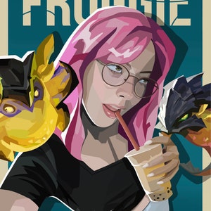 May include: A digital illustration of a woman with pink hair wearing glasses and a black shirt. She is holding a cup of boba tea with a straw in her mouth. The background is a teal blue color with the word "FROGGE" in white text.
