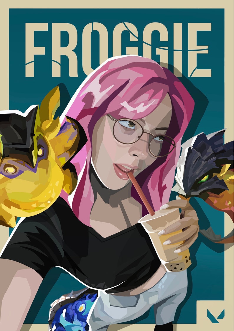 May include: A digital illustration of a woman with pink hair wearing glasses and a black shirt. She is holding a cup of boba tea with a straw in her mouth. The background is a teal blue color with the word "FROGGE" in white text.