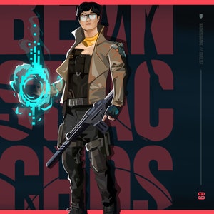 May include: A digital illustration of a video game character with a blue and green energy orb in their hand. The character is wearing a brown jacket, black pants, and a black and blue helmet. The background is red and black with the text "BREAK NACHO'S" in large letters. The text "NACHOS BE" is in large letters on the right side of the image. The text "69" is in small letters below the text "NACHOS BE".