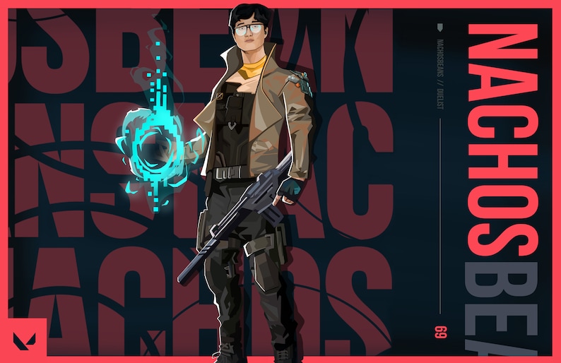 May include: A digital illustration of a video game character with a blue and green energy orb in their hand. The character is wearing a brown jacket, black pants, and a black and blue helmet. The background is red and black with the text "BREAK NACHO'S" in large letters. The text "NACHOS BE" is in large letters on the right side of the image. The text "69" is in small letters below the text "NACHOS BE".