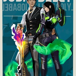 May include: A digital illustration of two characters, one male and one female, standing together. The male character is wearing a black vest, white shirt, and khaki pants. He is holding a large, gold-colored weapon with a purple and orange flame effect. The female character is wearing a black and green outfit with a green glow effect. She is holding a gun in her right hand. The background is a teal blue color with the text "JOBA BELLY" at the top.