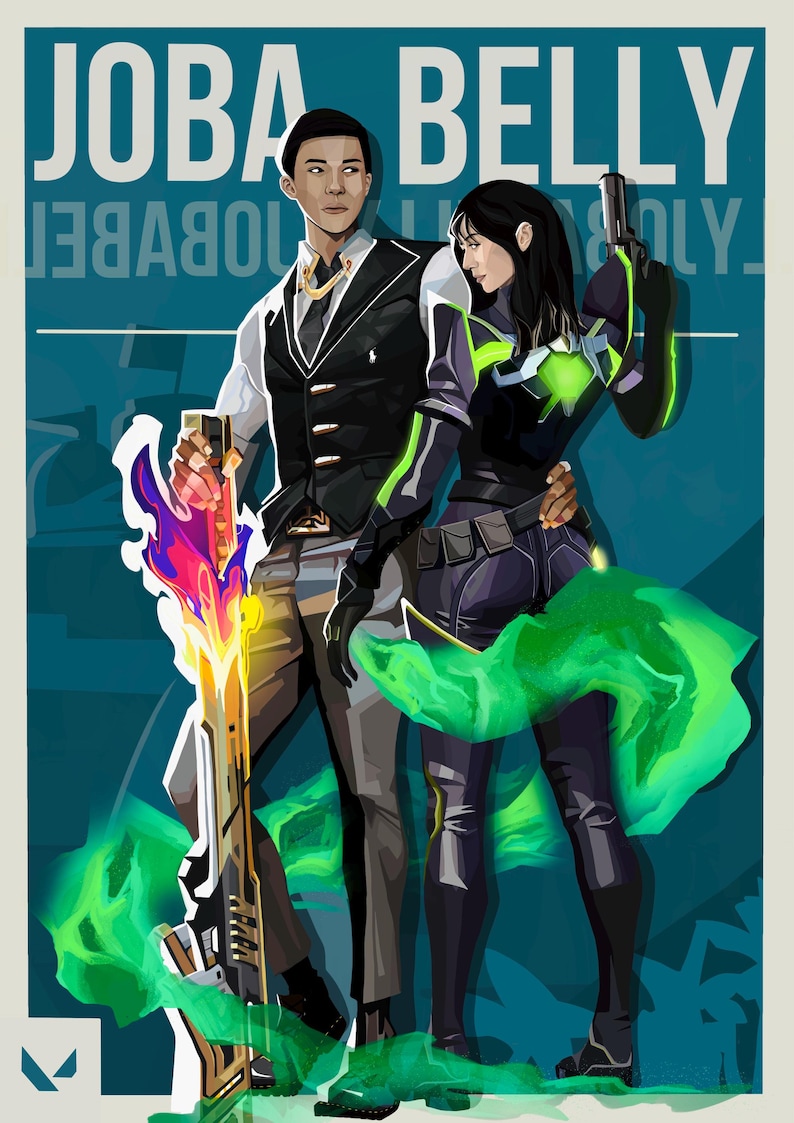 May include: A digital illustration of two characters, one male and one female, standing together. The male character is wearing a black vest, white shirt, and khaki pants. He is holding a large, gold-colored weapon with a purple and orange flame effect. The female character is wearing a black and green outfit with a green glow effect. She is holding a gun in her right hand. The background is a teal blue color with the text "JOBA BELLY" at the top.