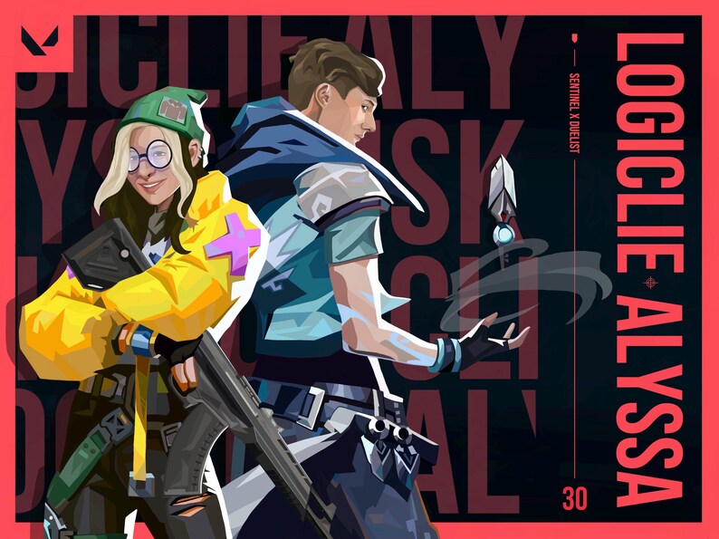 May include: A digital illustration of two video game characters, one with a green hat and yellow jacket holding a gun, and the other with a blue shirt and black pants holding a glowing orb. The text "LOGICLIE - ALYSSA" is in red and white on the right side of the image. The text "SENTINEL X DUELLIST" is in white on the right side of the image. The number "30" is in white on the right side of the image.
