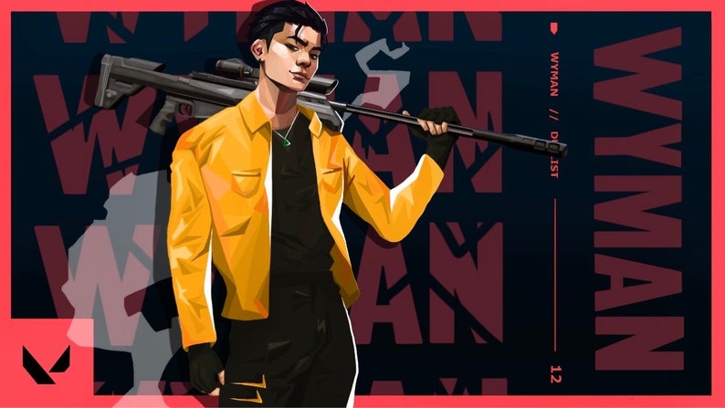 May include: A digital illustration of a person wearing a yellow jacket and black pants, holding a rifle over their shoulder. The background is a dark blue with a red pattern of the word "WYMAN" repeated.