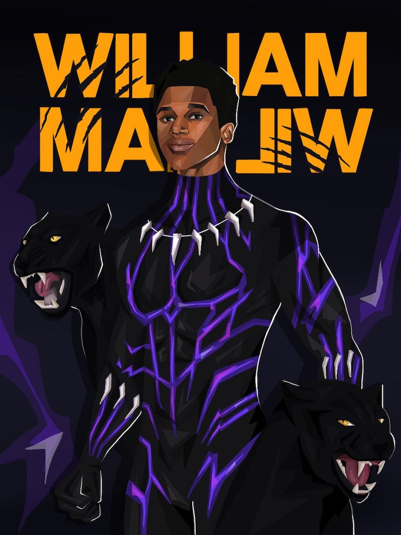 May include: A digital illustration of a Black man dressed as Black Panther, with the text "I AM WILLIAM" in yellow letters with claw marks. The man is wearing a black suit with purple lightning bolt designs and a black necklace. Two black panther heads are on either side of the man.