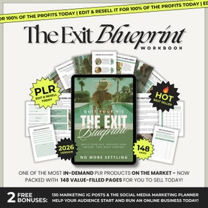 May include: A digital workbook titled "The Exit Blueprint" with the text "Quit Your 9-5." The image includes the text "PLR Edit & Resell Today," "Hot Best Seller," and "2026 Version." It also states it has 148 pages.