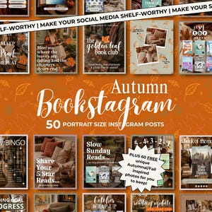 May include: A collection of 50 portrait-sized Instagram post templates featuring an autumn theme with orange backgrounds and leaf patterns. The text includes Autumn Bookstagram, 50 portrait size Instagram posts, and plus 60 free unique autumnal/fall inspired photos for you to keep.