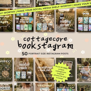 以下が含まれることがあります： cottagecore bookstagramと題された50種類のポートレートサイズInstagram投稿テンプレートのデジタルコレクション。本をテーマにしたレイアウト、自然をモチーフにした背景、ベージュの背景に花柄のアクセントが施されたテキストオーバーレイが特徴です。
