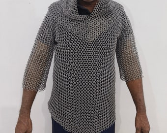 Conjunto de cota de malla de aluminio hecha a mano y cofia: traje medieval