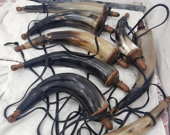 Medieval Vikings Powder Horn Black Natural Horn with leather belt